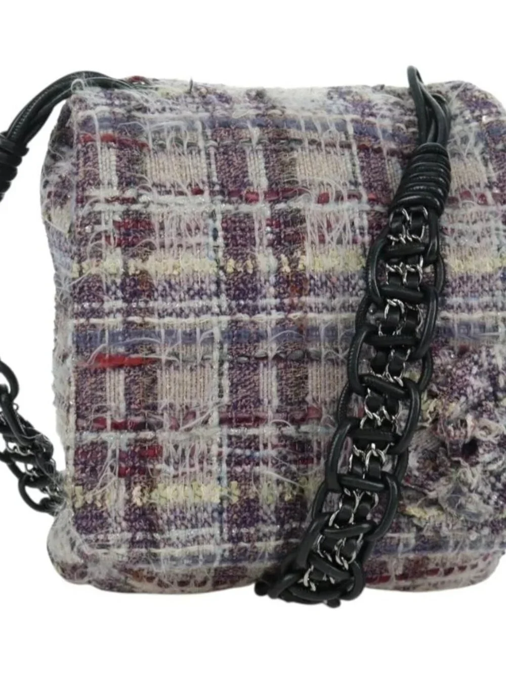 CHANEL Chain Camelia Shoulder Bag Tweed Purple Silver CC Auth LNZ320SAv